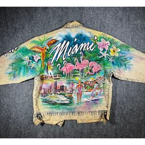 Vintage 80s Tony Alamo Miami Flamingo Hand Painted Denim Jacket XL